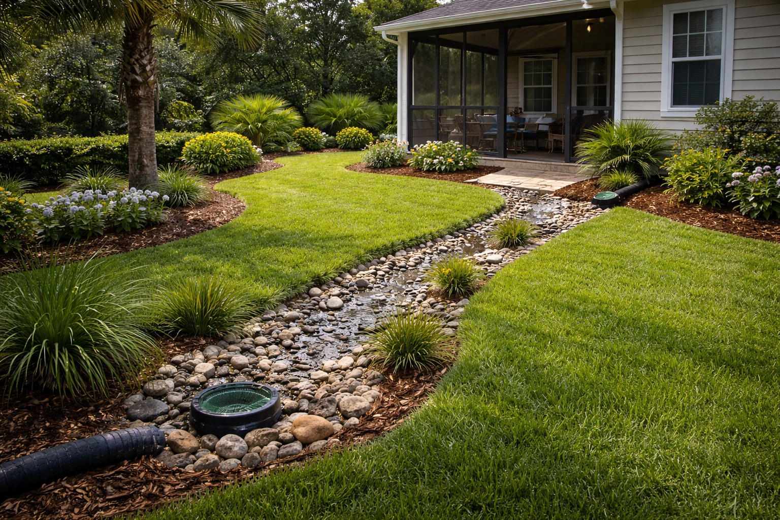 Residential yard drainage concept in Jacksonville FL with water management improvements