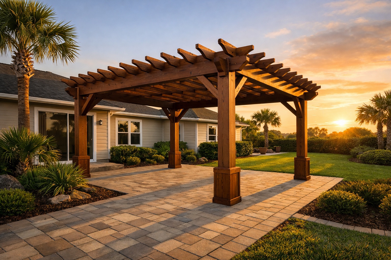 Backyard pergola builder project in Jacksonville FL at sunset