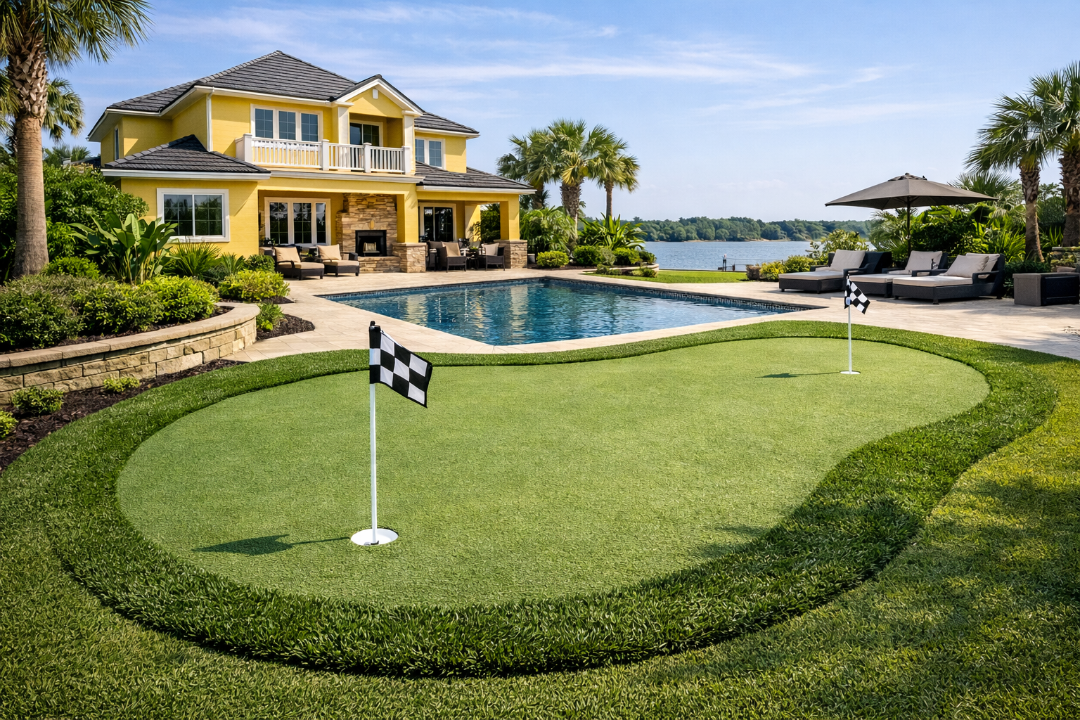 Custom backyard putting green concept near pool and patio in Jacksonville FL